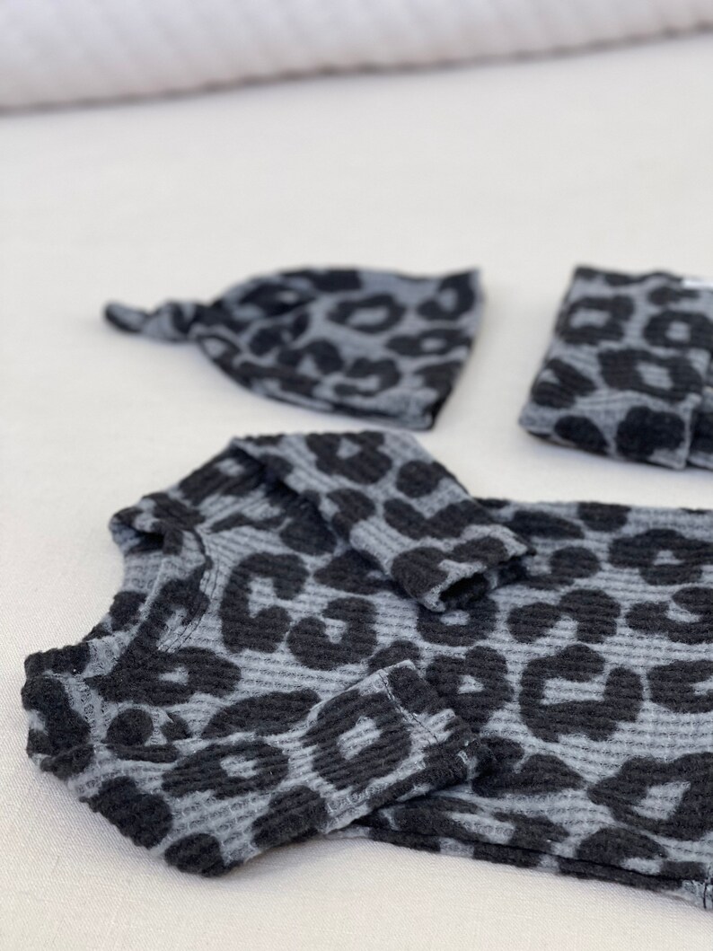 Leopard baby girl outfit, waffle baby girl clothes, cheetah print, toddler outfit, soft girl clothes, animal print, unique, minimal baby. image 3