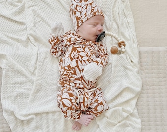 Leaf Print baby clothes, neutral baby clothes, unisex cute baby clothes, 2 piece, copper, long sleeve shirt and pants, luxury baby outfit.