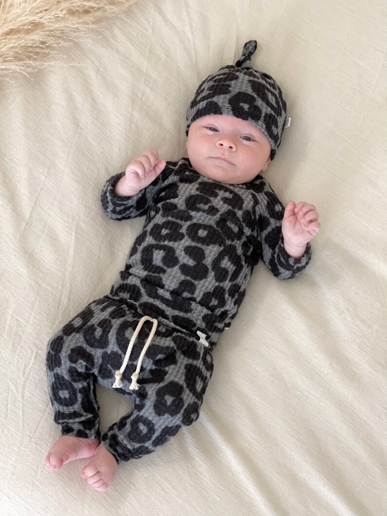 Leopard baby girl outfit, waffle baby girl clothes, cheetah print, toddler outfit, soft girl clothes, animal print, unique, minimal baby. image 4