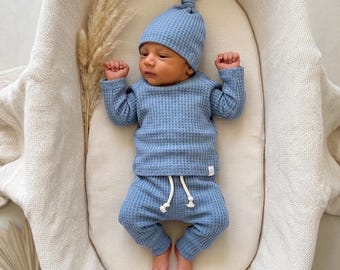 Blue Waffle Knit Baby Boy Outfit – Newborn Coming Home Set, Modern Infant Clothes