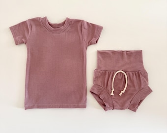 Mauve Baby Girl Shortie Set | Toddler Girl Rib Knit Summer Beach Outfit