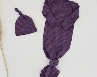 Purple Waffle Knit Baby Gown | Newborn Knotted Sleep Gown, Coming Home Outfit