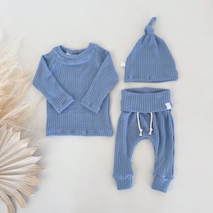 Blue Waffle Knit Baby Outfit - Newborn Boy Coming Home Outfit | Warm Infant Boy Clothes | Baby Hospital Outfit | Baby Boy Gift Set