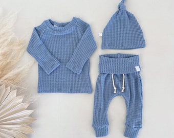 Blue Waffle Set, baby boy 2 piece outfit, newborn boy coming home outfit, baby boy gifts, spring baby outfit, layette, preemie, 0-3m.