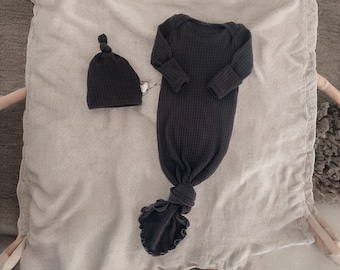 Black Waffle Knit Newborn Gown with Knot: Gender Neutral Outfit