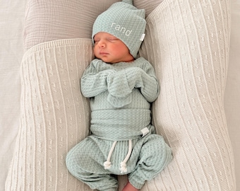 Mint Waffle Knit Baby Coming Home Outfit | Personalized Newborn Hospital Set | Gender Neutral Baby Gift