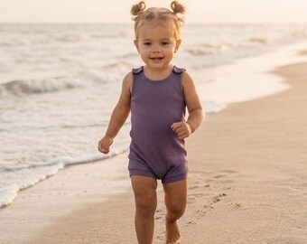 Purple Waffle Knit Sleeveless Tank Romper | Baby Girl Summer Beach Outfit