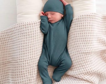 Teal Footie Back Flap Outfit | Newborn Footed Romper | Drop Seat Baby Onesie | Soft Thermal Knit Newborn Clothes | Baby Gift Set