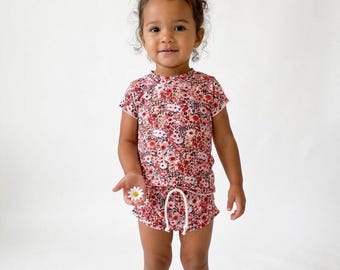 Floral Baby Girl Outfit, Short Sleeve Top and Bloomer Set