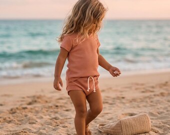 Peach Waffle Knit Baby Short Set | Toddler Summer Outfit