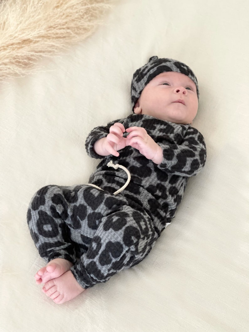 Leopard baby girl outfit, waffle baby girl clothes, cheetah print, toddler outfit, soft girl clothes, animal print, unique, minimal baby. image 6