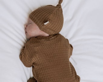 Camel Waffle baby footie outfit, mutual newborn clothes, no snap butt flap outfit, minimal gender neutral baby boy clothes, baby gift set.