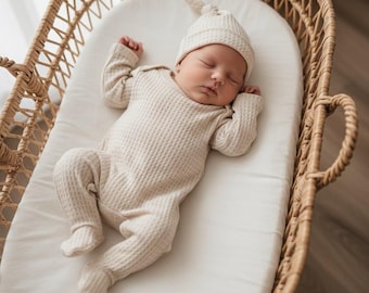 Newborn Waffle Knit Footie Onesie | Back Flap Drop Seat | Gender Neutral Baby Footed Romper Beige | New Baby Gift | Infant Baby Clothes