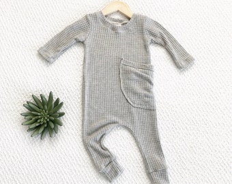 Gray waffle snapless baby romper, winter gender neutral baby clothes, warm waffle baby clothes, soft baby clothes, no snaps, harem jumpsuit.