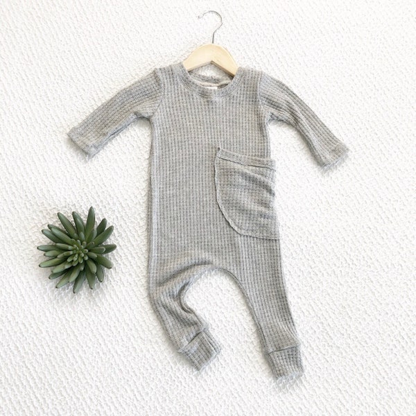 Gray waffle snapless baby romper, winter gender neutral baby clothes, warm waffle baby clothes, soft baby clothes, no snaps, harem jumpsuit.