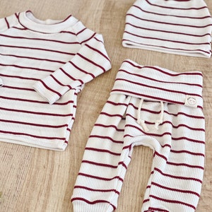 Maroon & White Stripe baby clothes, gender neutral clothes, 2 piece, baby boy clothes, breathable baby clothing, boutique clothes. image 3