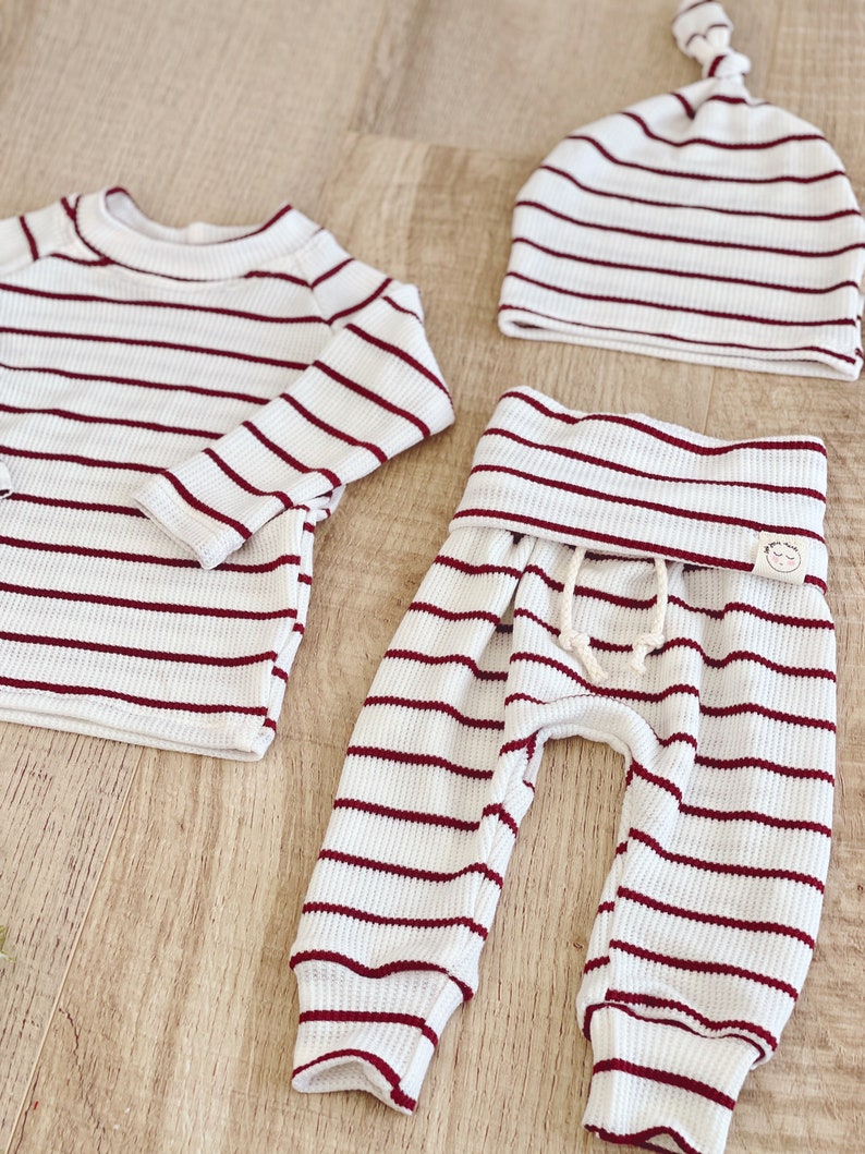 Maroon & White Stripe baby clothes, gender neutral clothes, 2 piece, baby boy clothes, breathable baby clothing, boutique clothes. image 3