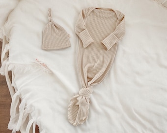 Cream Waffle Knit Baby Gown | Neutral Newborn Knotted Sleep Sack, Coming Home Outfit