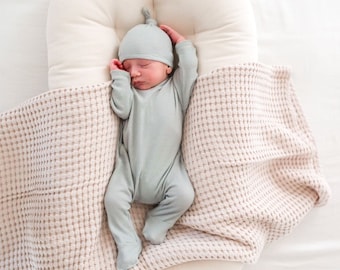Mint Thermal Knit Baby Footie with Back Flap | Soft + Breathable for Easy Diaper Changes | Newborn Boy Baby Clothes | Cozy Baby Outfit