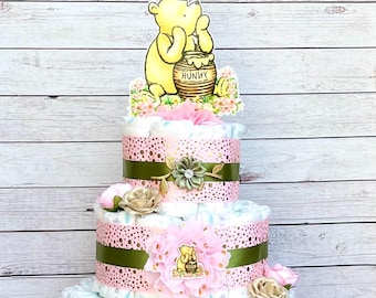 Classic Pooh Baby Shower Diaper Cake, Mini Diaper Cake Baby Girl ,Winnie The Pooh Baby Shower Gift, Baby Shower Decoration, Centerpieces