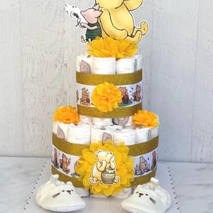 Winnie the Pooh Diaper Cake with Baby Shoes – Classic Pooh Baby Shower Centerpiece, Pooh Bear Diaper Cake, Gender Neutral Gift