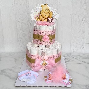 Winnie the Pooh Diaper Cake  2 Tier Diaper Cake Girl Baby Shower Centerpiece, Classic Pooh Bear Diaper Cake, Baby Shower Gift, Centerpieces