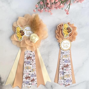 Classic Winnie The Pooh Baby Shower Pins Classic pooh Baby Shower Corsages Mom and Dad Pins Mommy Ribbon Classic Pooh Baby Shower