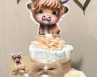 Highland Cow Baby Shower Diaper Cake , Boho Cow Baby Shower Centerpiece Baby Shower Gift, Baby Shower Decoration, Shower Table Centerpiece