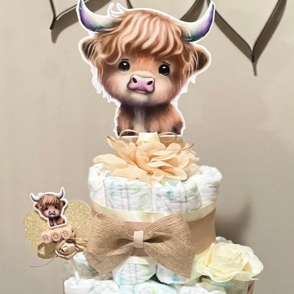 Highland Cow Baby Shower Diaper Cake , Boho Cow Baby Shower Centerpiece Baby Shower Gift, Baby Shower Decoration, Shower Table Centerpiece