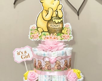 Classic Winnie the Pooh Diaper Cake ,2 tier Pooh Baby Shower Centerpiece