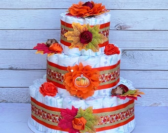 Pumpkin Diaper Cake, Fall Florals Leaves Baby Shower Centerpiece