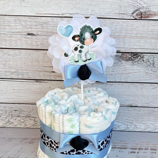 Cow Baby Shower Diaper Cake, Cow Mini Diaper Cake Baby Boy , Baby Shower Gift, Baby Shower Decoration, Shower Table Centerpiece