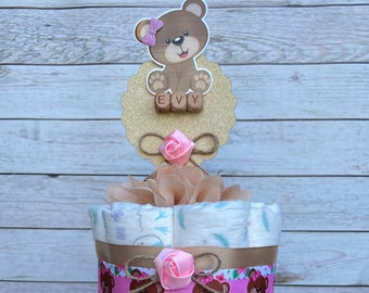 Pink Teddy Bear Diaper Cake Girl Teddy Bear Baby Shower Centerpiece ...
