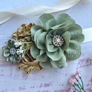 Sage Green and Gold Girl Sash ,Flower Girl Sash , Toddler Flower Sash Belt ,Ivory Green Sash Belt for Girls , Bridal Sash , Bridesmaid Sash