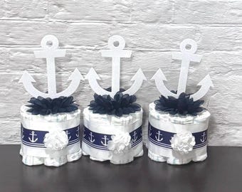 Navy Nautical Baby Shower Diaper Cakes, Set of 3 Anchor Mini Diaper Cake Centerpieces for Boy