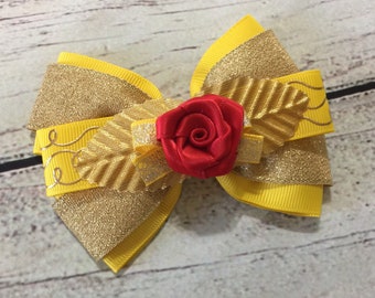 Princess Belle //Beauty and The Beast Stacked Boutique Hair Bow Pink Yellow Gold