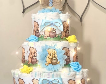Classic Pooh Diaper Cake Baby Shower Boy with Fairy Light ,Classic Pooh Baby Shower Centerpiece Baby Shower Gift, Table Decoration