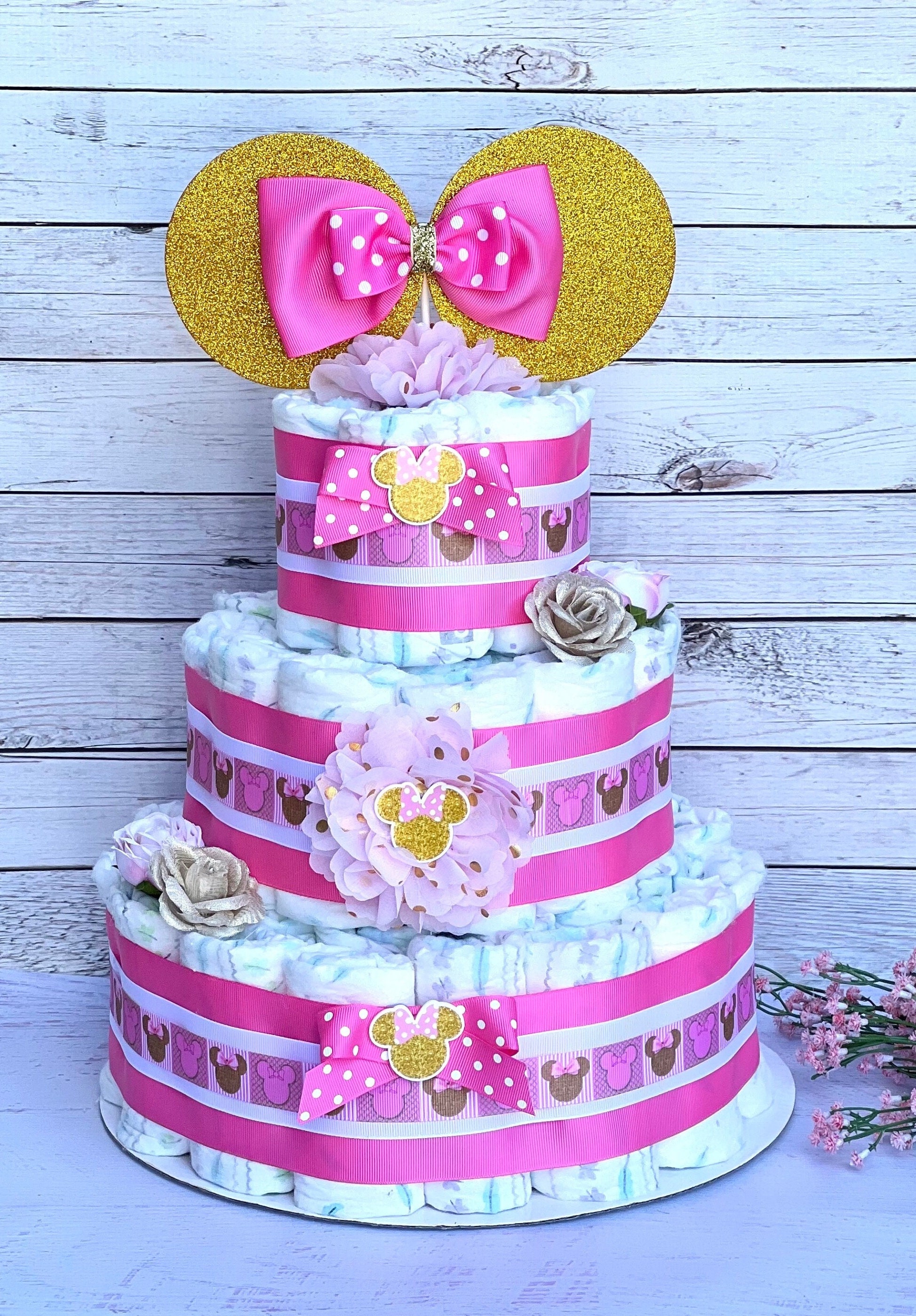Minnie Mouse Baby Shower Diaper Cake Pink Gold Minnie Diaper Cake Baby ...