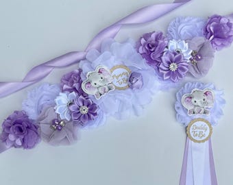 Elefant babyshower-skärp för gravida, lila elefantcorsage, nålar för pappa och familj