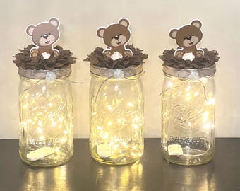 Teddy Bear Baby Shower Centerpieces Mason Jar Baby Shower Decoration With Fairy Lights Set of 3 Teddy Bear Centerpiece Shower Decoration