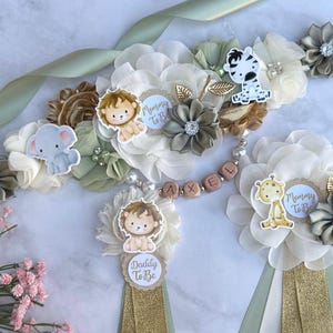 Safari Baby Shower Sash Jungle Safari Maternity Sash Pregnancy Sash Mom Dad Pins Gender Neutral Baby Shower Corsages Safari Maternity Belt