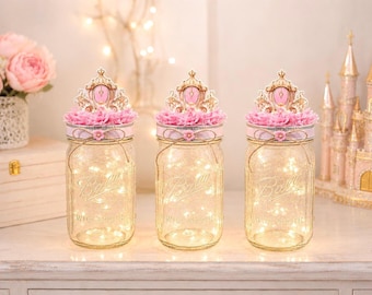 Princess Mason Jar Baby Shower Centerpiece Set of 3 with Fairy Lights & Carriage Topper