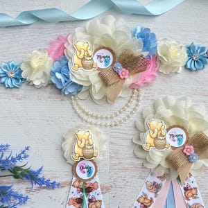 Classic Winnie the Pooh Baby Shower Sash , Gender Reveal Baby Shower ,Classic Pooh Maternity Sash ,Pregnancy sash , Baby Shower Corsage