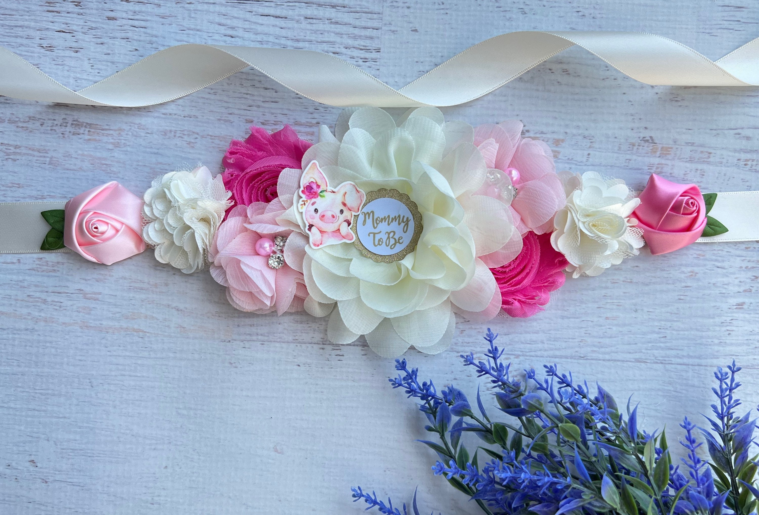 7715 Maternity Flower Sash Belt Headband Set, Women Girls Wedding Baby Baby in Bloom Mommy to Be Pregnant Belly Bump Sash, Baby  main image 3