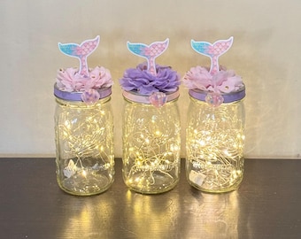 Mermaid Baby Shower Centerpieces Mason Jar Baby Shower Decoration With Fairy Lights Set of 3 Mermaid Under The Sea Table Centerpieces