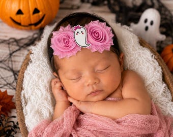 Spökhalloween babyhårband, nyfödd shabby rose, hårrosett för flickor, välj din färg