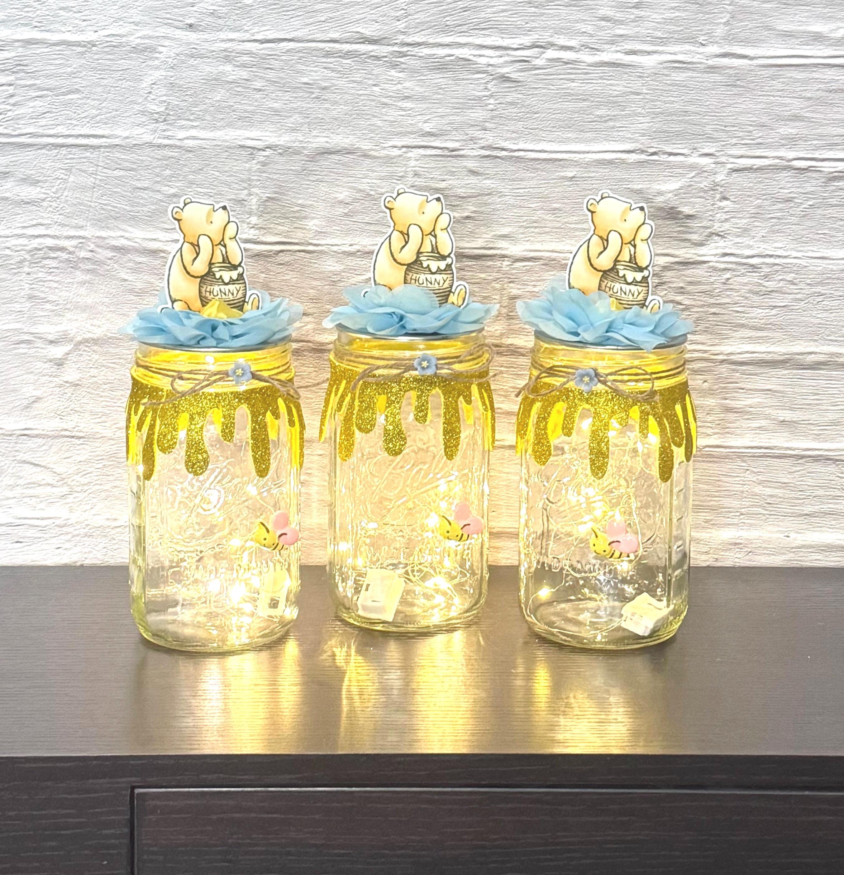 Classic Pooh Honey Pot Jars Baby Shower Centerpiece Mason Jar Baby Shower Decoration With Fairy Light Set of 3 Pooh Jar Decor