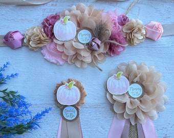 Dusty Pink Pumpkin Maternity Sash Fall Baby Shower Girl ,Mom Dad and Family Pins
