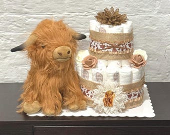 Highland Cow Diaper Cake Baby Shower ,Gender Neutral Diaper Cake , Baby Shower Gift, Cow Baby Shower Decoration, Table Centerpiece