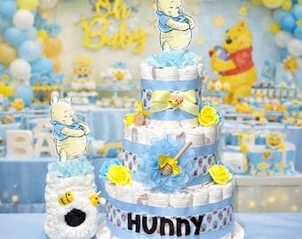 Classic Pooh Diaper Cake with Beehive Jar ,Baby Shower Centerpiece